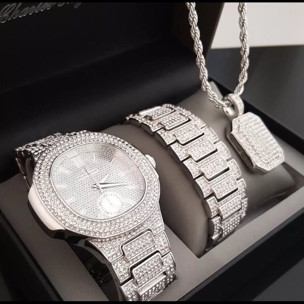 White Gold watch Bracelet and Necklace combo set